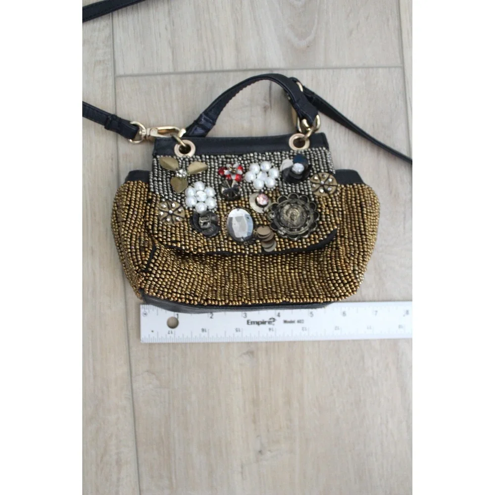Free People Beaded Embellished Crossbody Bag Black Gold Pearl Crystal Boho Small